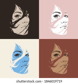 Pop Art woman face. Abstract female fashion portrait set