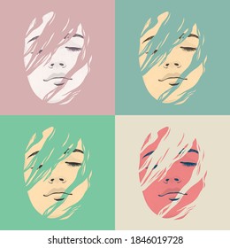 Pop Art woman face. Abstract female fashion portrait set