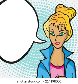 Pop Art Woman Face with Comic Speech Bubble