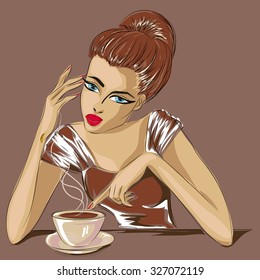 Pop art woman face with cup of tea hand drawn vector illustration Background