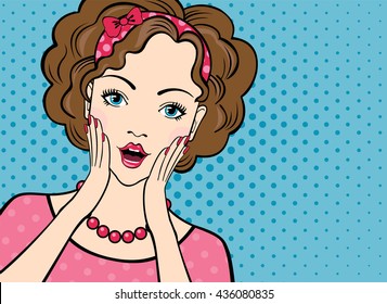 Pop Art Woman Face With Open Mouth. Suprised Girl. Wow Emotion. Vector Illustration.