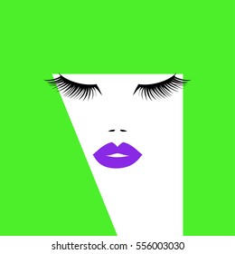 Pop art woman face with purple lips lush eyelashes and abstract bright green hairs. Vector illustration