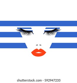 Pop art woman face with red lips lush eyelashes and abstract line blue hairs. Vector illustration