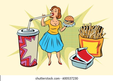 Pop art woman and fast food