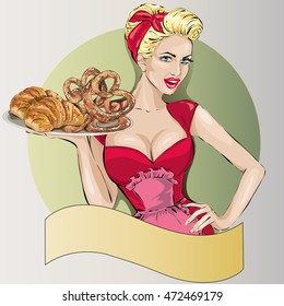 Pop Art woman with food tray. Pin-up fashion girl, sexy wife, hand drawn vector illustration Background