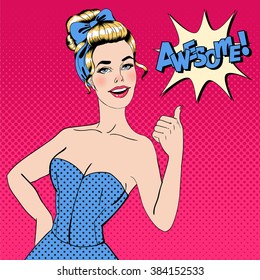 Pop Art Woman Gesturing Great with Expression Awesome. Vector illustration in pin-up style