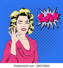 Pop Art Woman Gesturing Okay with Expression Super. Vector illustration in comics style