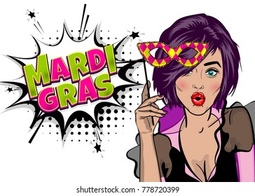 Pop art woman girl wow face kitsch fashion. Hold hand mask. Mardi Gras - Fat Tuesday carnival carnival in a French-speaking country. Comic book cartoon vector illustration pop art speech bubble.