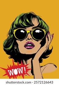 Pop art woman with green hair, yellow sunglasses, and "Wow!" text. Retro fashion concept,vector illustration
