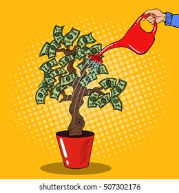 Pop Art Woman Hand With Can Watering Money Tree. Vector Illustration