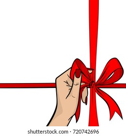 Pop art woman hand hold red ribbon gift box holiday birthday, christmas. Comic book vector halftone sketch illustration. Vintage retro wow party cartoon poster. Happy fashion gesture.