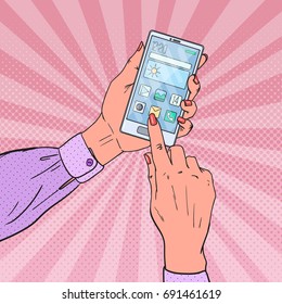 Pop Art Woman Hands Using Smartphone. Mobile Technologies. Vector illustration