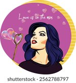 Pop art woman with heart shaped soap bubbles. Flat and still life, heart. Retro objects, gadgets. Vector illustration for Valentine