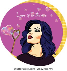 Pop art woman with heart shaped soap bubbles. Flat and still life, heart. Retro objects, gadgets. Vector illustration for Valentine's Day concept. 