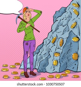 Pop Art Woman in Helmet with Pickaxe Mining Bitcoin Coins. Crypto Currency Blockchain Network Technology. Vector illustration