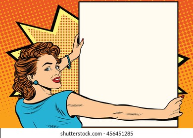 Pop art woman holding a poster retro vector illustration. copy space for the announcement and advertising