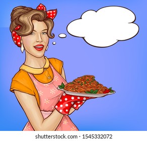 Pop Art Woman Holding Tray With Pasta Spaghetti And Sauce For Holidays Dinner Or Meeting Guests Celebration. Housewife In Apron And Gloves Cooking, Speech Bubble, Retro Comic Book Vector Illustration