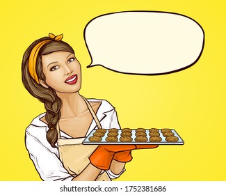 Pop art woman holding tray with biscuit for family tea party or event celebration. Cookies on baking sheet. Housewife in apron, gloves cooking dessert, meet guests, speech bubble, vector illustration.