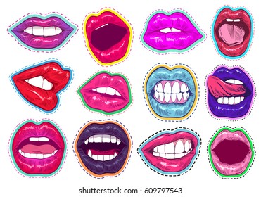 Pop Art Woman Lips Set. Sexy Mouth. Fashion Design, Comic Book Style. Hand Drawn Vector Illustration.