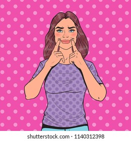 Pop Art Woman Making Fake Smile with Her Fingers. Positive Facial Expression. Vector illustration