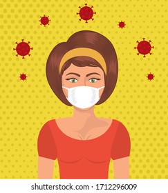 Pop art woman with mask against 2019 ncov virus over pointed background design of Covid 19 cov coronavirus and infection theme Vector illustration