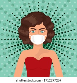 Pop art woman with mask against 2019 ncov virus over pointed background design of Covid 19 cov coronavirus and infection theme Vector illustration