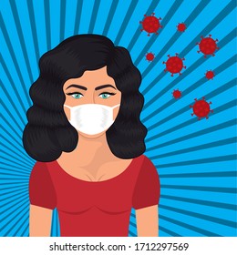 Pop art woman with mask against 2019 ncov virus over striped background design of Covid 19 cov coronavirus and infection theme Vector illustration