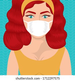 Pop art woman with mask against 2019 ncov virus over striped background design of Covid 19 cov coronavirus and infection theme Vector illustration