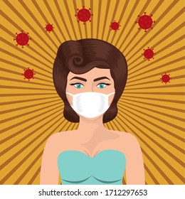 Pop art woman with mask against 2019 ncov virus over striped background design of Covid 19 cov coronavirus and infection theme Vector illustration