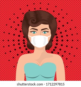 Pop art woman with mask against 2019 ncov virus over pointed and starry background design of Covid 19 theme Vector illustration