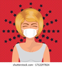 Pop art woman with mask against 2019 ncov virus over pointed and starry background design of Covid 19 theme Vector illustration