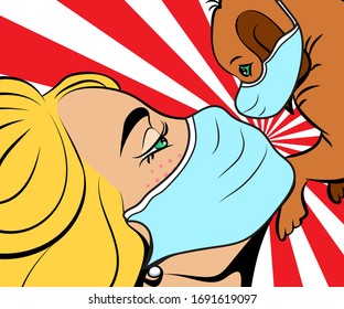 Pop art woman in mask with cute puppy. Vector background in comic style retro pop art. Illustration for print advertising and web. Face close-up.