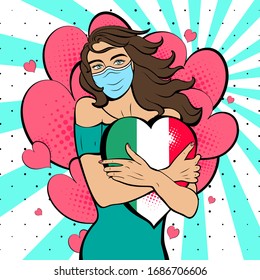 Pop art woman in mask with hearts and italian flag. Vector background in comic style retro pop art. Illustration for print advertising and web. Face close-up.