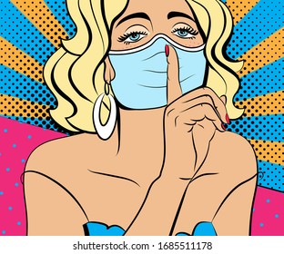 Pop art woman in mask. Vector background in comic style retro pop art. Illustration for print advertising and web. Face close-up.