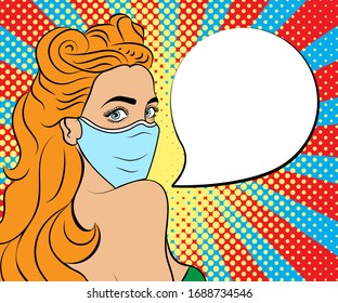 Pop art woman in mask. Vector background in comic style retro pop art. Illustration for print advertising and web. Face close-up.