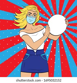 Pop art woman in mask. Vector background in comic style retro pop art. Illustration for print advertising and web. Face close-up.