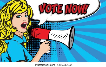 Pop Art Woman with Megaphone - GO VOTE! sign. vector illustration. Election. Vote NOW, YOUR VOTE MATTERS.