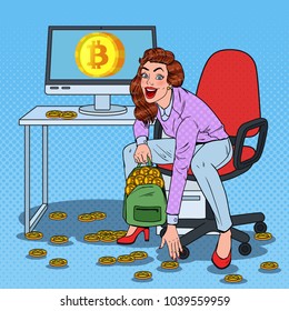 Pop Art Woman Miner Put Bitcoins in BackPack. Crypto Currency Business Technology. Virtual Money. Vector illustration