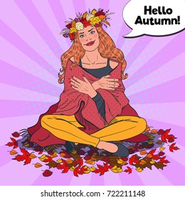 Pop Art Woman on Autumn Day in the Park with Fall Maple Leaves. Vector illustration