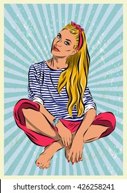 Pop Art Woman - on a polka-dots background. Vector