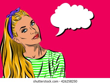 Pop Art Woman - on a polka-dots background. Vector