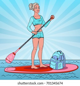 Pop Art Woman on the Stand Up Paddle Board. Girl in Swimsuit on SUP. Vector illustration