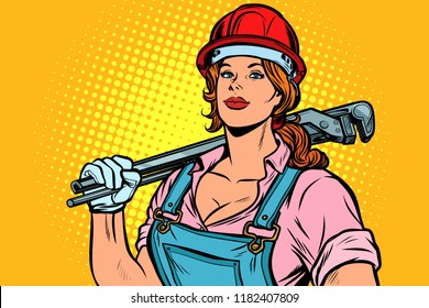 Pop art woman plumber mechanic with wrench, retro vector illustration vintage kitsch