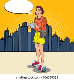 Pop Art Woman Riding Gyroscooter in the City. Electric Self-Balancing Urban Transport. Vector illustration