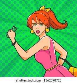 Pop Art. A woman runs holding money in front of her. Active buyer. Shopaholic.