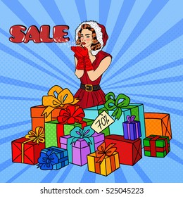 Pop Art Woman in Santa Hat Blowing Snow on Christmas Sale. Vector illustration