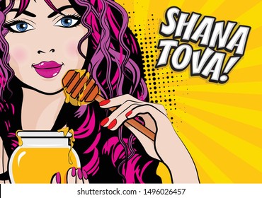 Pop Art Woman With a "Shana Tova!" sign - Jewish new year day holiday.
Pop Art comics icon. Speech Bubble Vector illustration. Woman with honey.