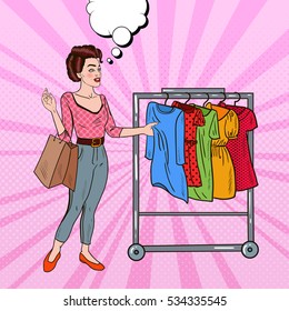 Pop Art Woman with Shopping Bags Choosing New Dress. Vector illustration