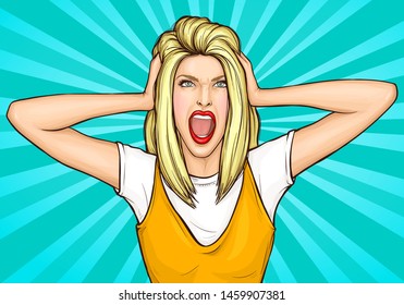 Pop art woman shout close ears with hands, stressed, angry frustrated blonde girl with wide open eyes and mouth screaming holding head, hysteric face expression, retro comic book vector illustration