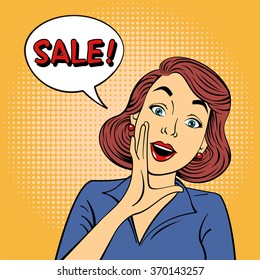 Pop Art Woman Shouts Sale in Comics Style. Vector illustration